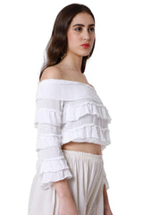 White Cotton Lycra Solid Long Sleeves Blouse