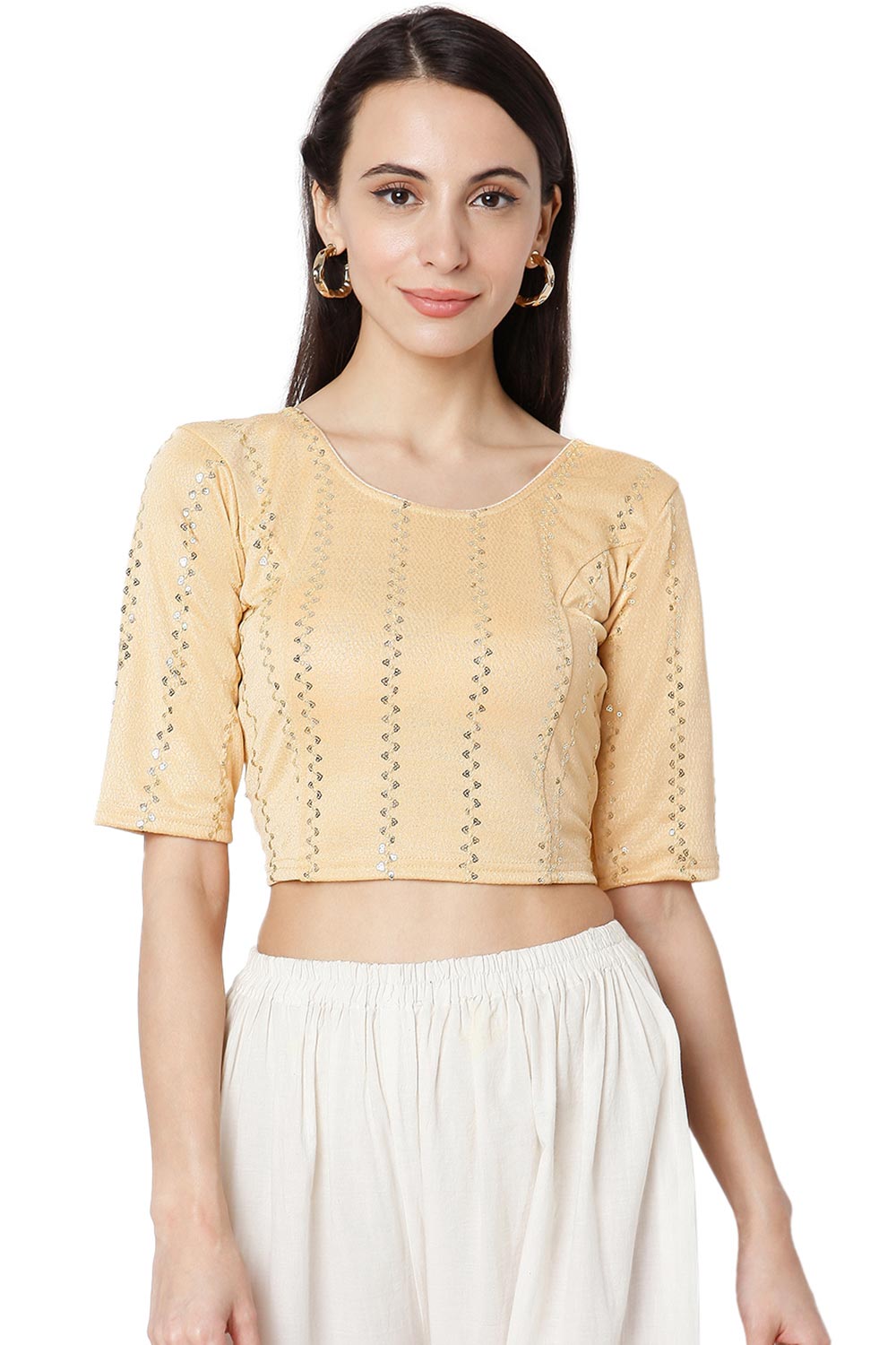 Gold Cotton Lycra Embroidered Short Sleeves Blouse