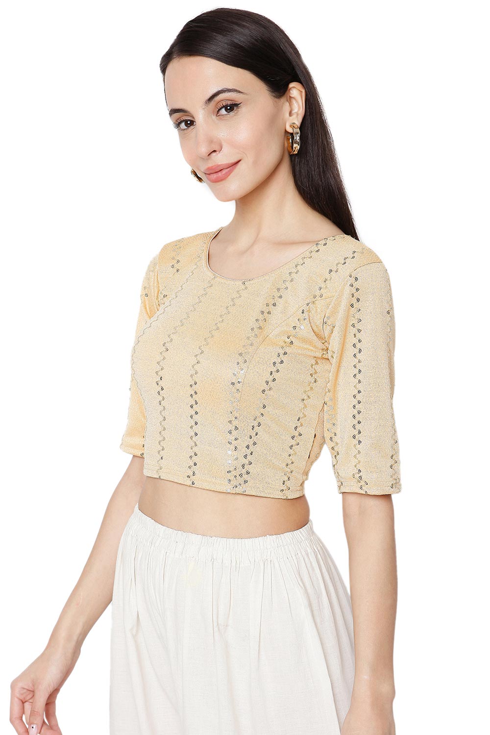 Gold Cotton Lycra Embroidered Short Sleeves Blouse