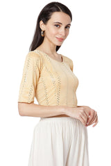 Gold Cotton Lycra Embroidered Short Sleeves Blouse