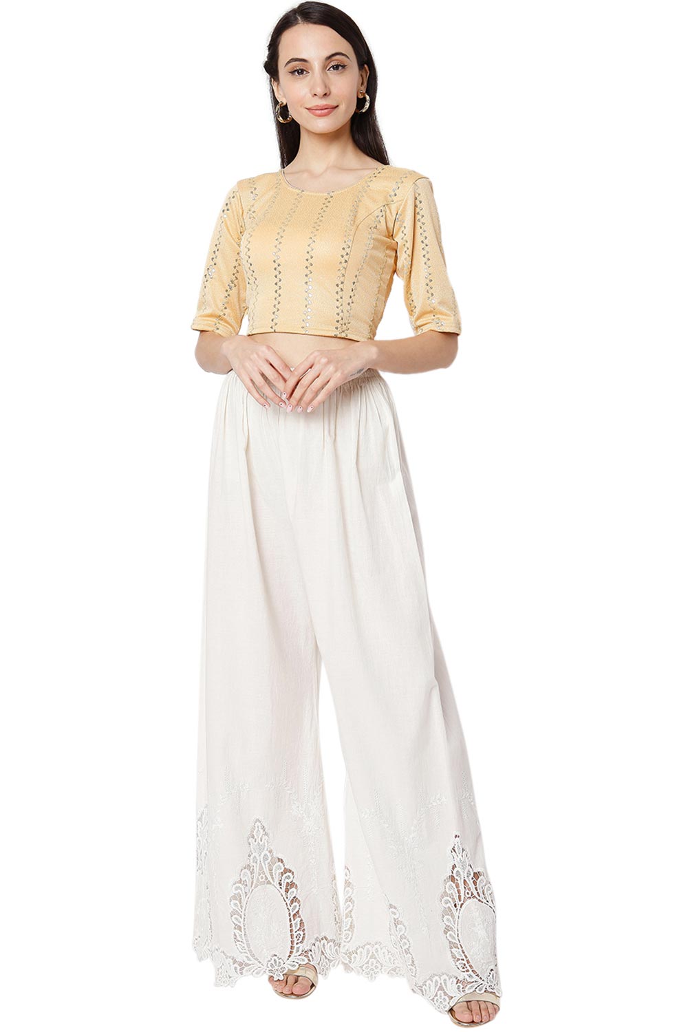 Gold Cotton Lycra Embroidered Short Sleeves Blouse