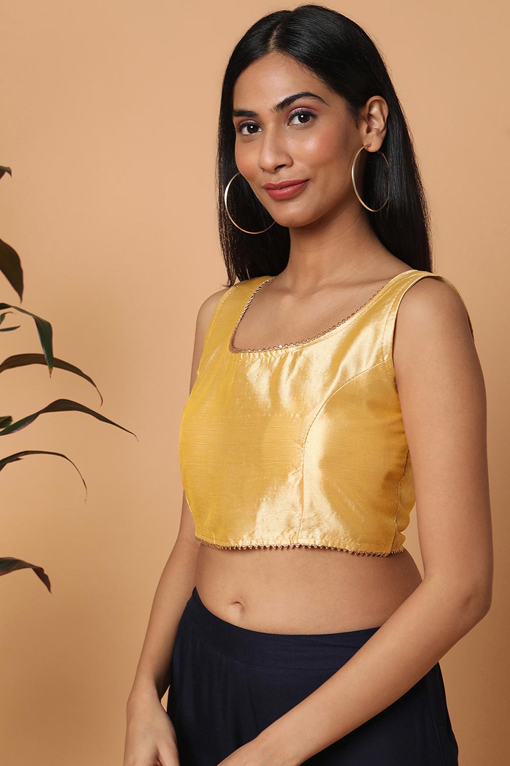 Gold Silk Blend Solid Sleeveless Blouse