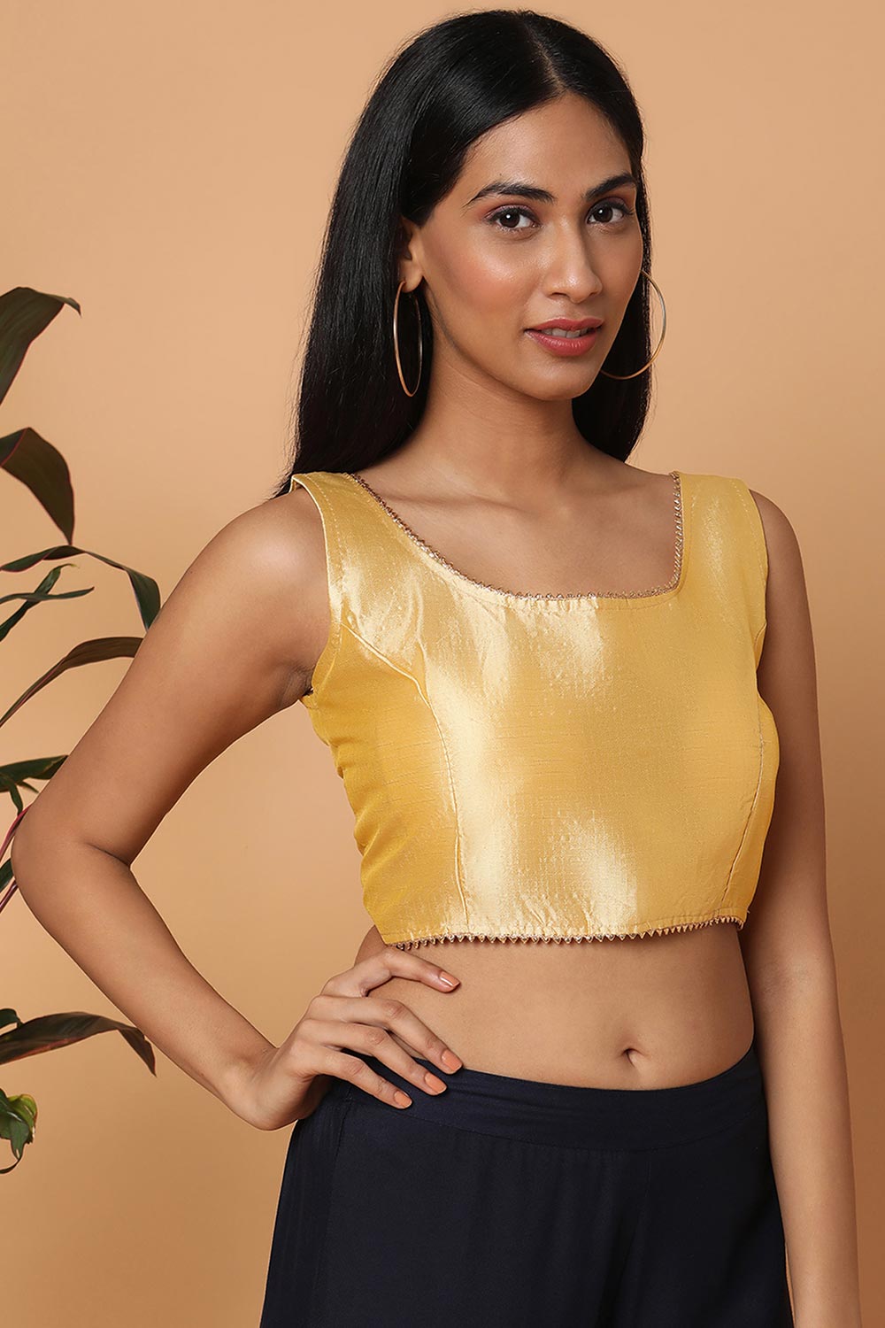 Gold Silk Blend Solid Sleeveless Blouse