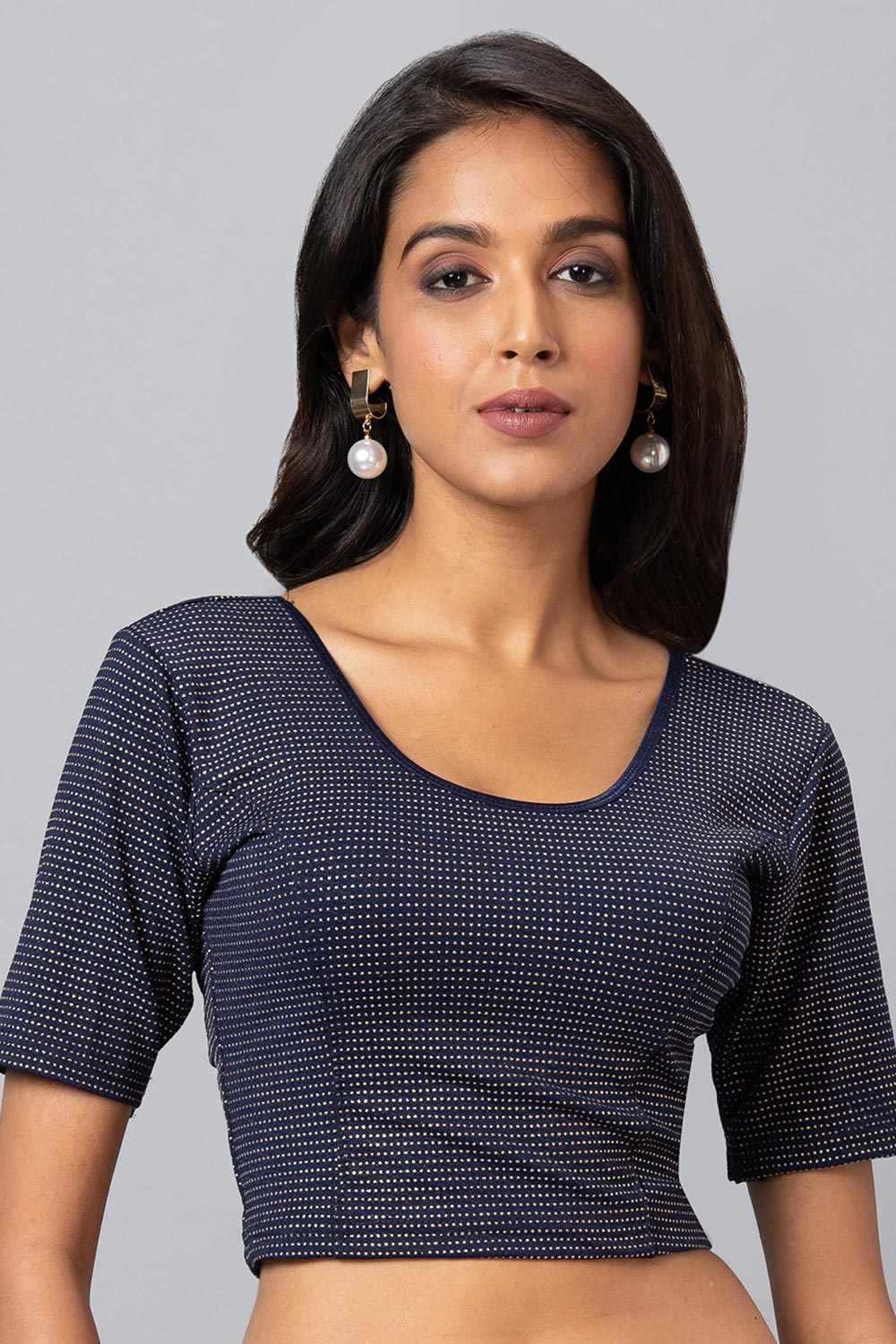 Navy Blue Cotton Lycra Woven Design Short Sleeves Blouse