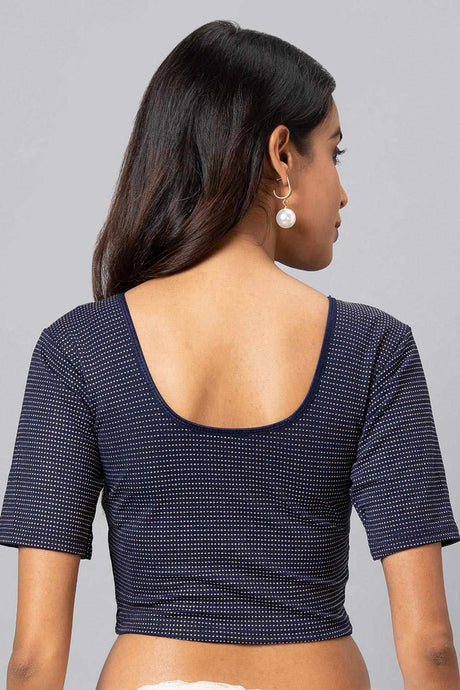 Navy Blue Cotton Lycra Woven Design Short Sleeves Blouse