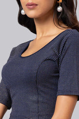 Navy Blue Cotton Lycra Woven Design Short Sleeves Blouse