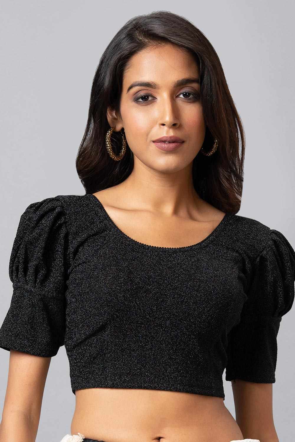 Black Cotton Lycra Woven Design Short Sleeves Blouse