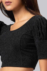 Black Cotton Lycra Woven Design Short Sleeves Blouse