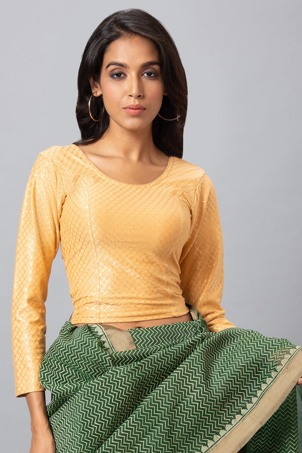 Gold Cotton Lycra Woven Design Long Sleeves Blouse