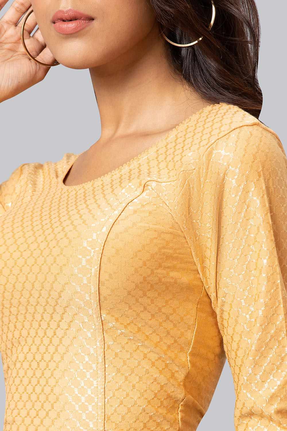 Gold Cotton Lycra Woven Design Long Sleeves Blouse