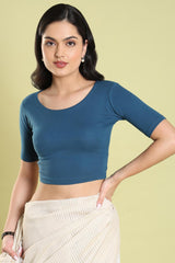 Blue Lycra Blend Solid Short Sleeves Blouse