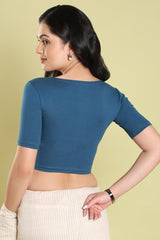 Blue Lycra Blend Solid Short Sleeves Blouse