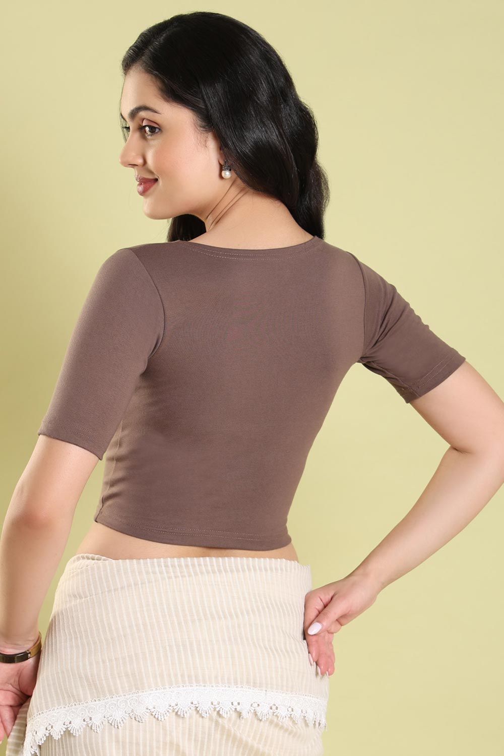 Brown  Lycra Blend Solid Short Sleeves Blouse