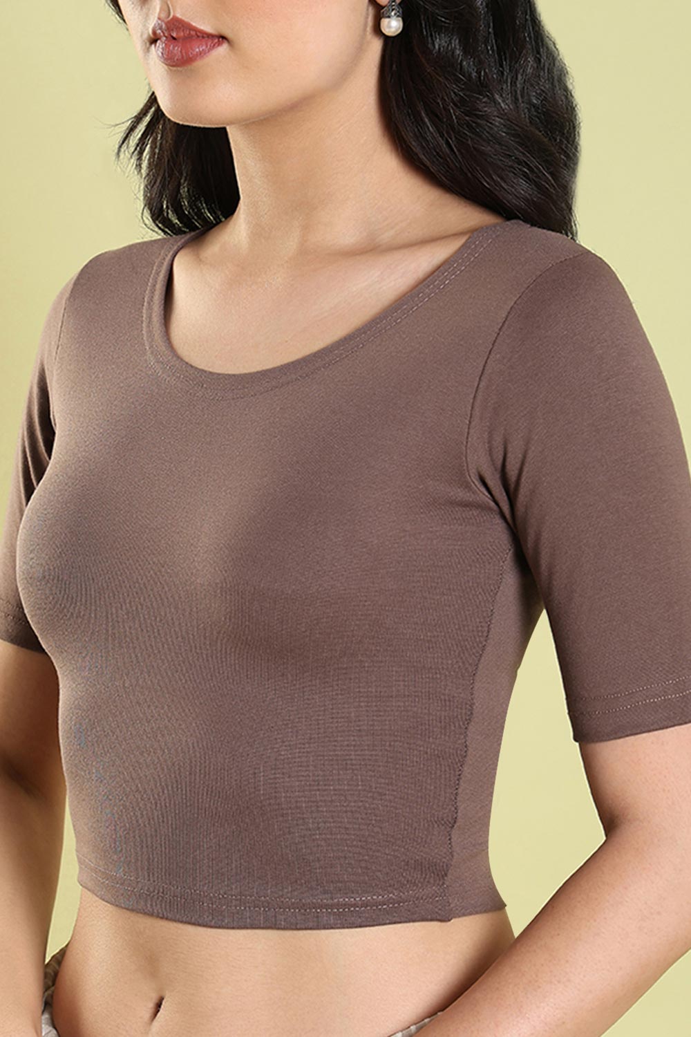 Brown  Lycra Blend Solid Short Sleeves Blouse