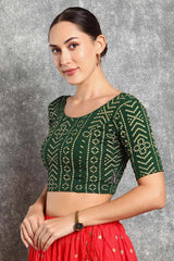 Green Cotton Printed Short Sleeves Blouse