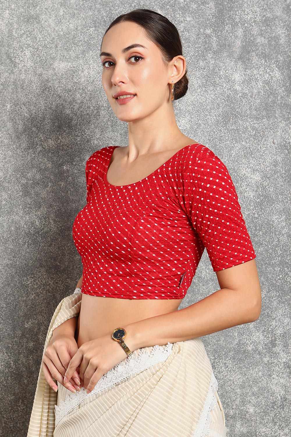 Red Cotton Printed Short Sleeves Blouse