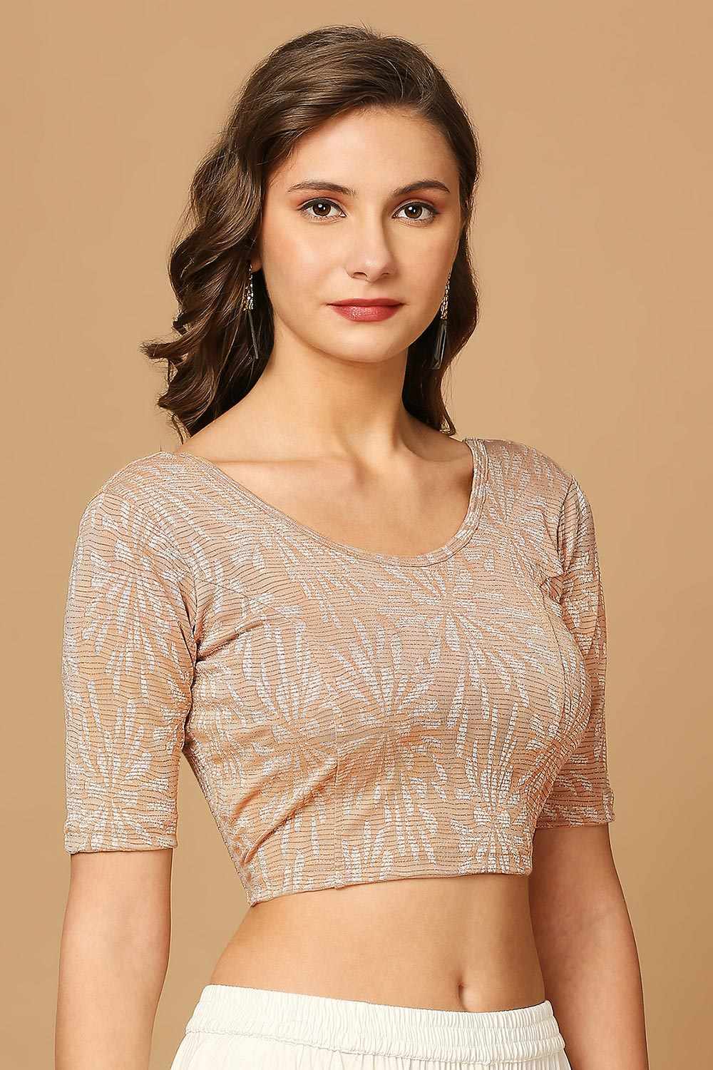 Beige Lycra Blend Printed Short Sleeves Blouse