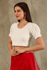 White Cotton Woven Design Short Sleeves Blouse