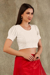 White Cotton Woven Design Short Sleeves Blouse