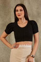 Black Cotton Woven Design Short Sleeves Blouse