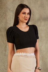 Black Cotton Woven Design Short Sleeves Blouse