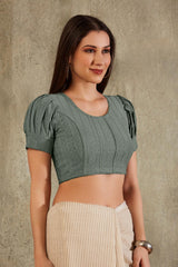 Olive Cotton Woven Design Short Sleeves Blouse