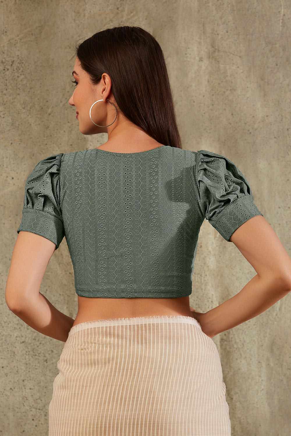 Olive Cotton Woven Design Short Sleeves Blouse