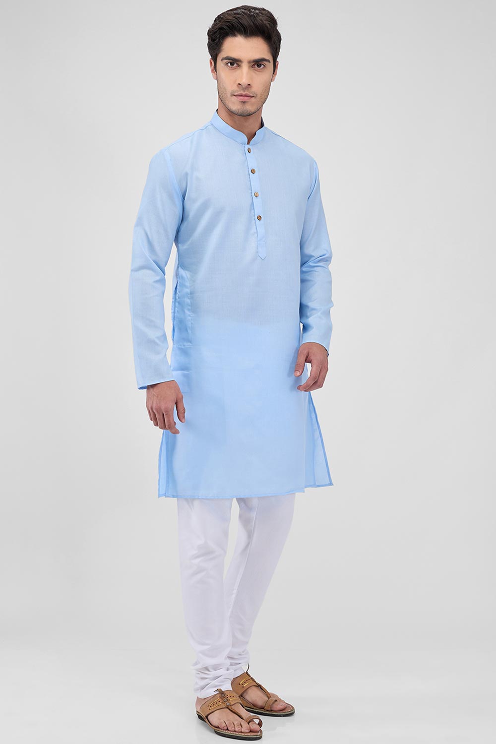 Light Blue Cotton Mandarin Collar Kurta Pajama Set