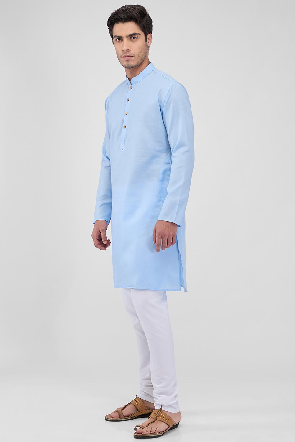 Light Blue Cotton Mandarin Collar Kurta Pajama Set