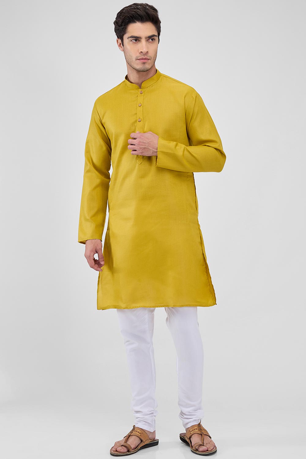 Mustard Yellow Cotton Mandarin Collar Kurta Pajama Set