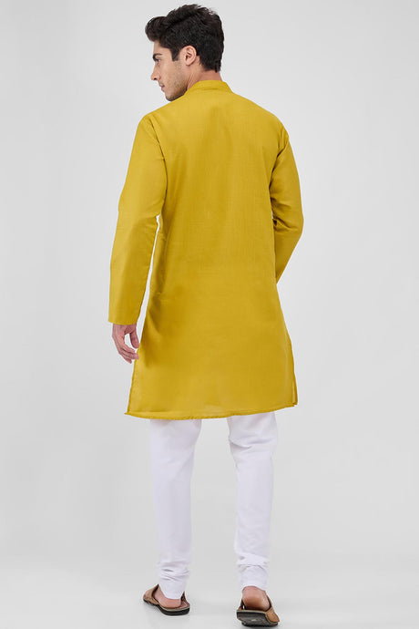 Mustard Yellow Cotton Mandarin Collar Kurta Pajama Set