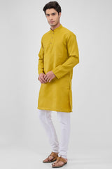 Mustard Yellow Cotton Mandarin Collar Kurta Pajama Set