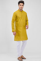 Mustard Yellow Cotton Mandarin Collar Kurta Pajama Set