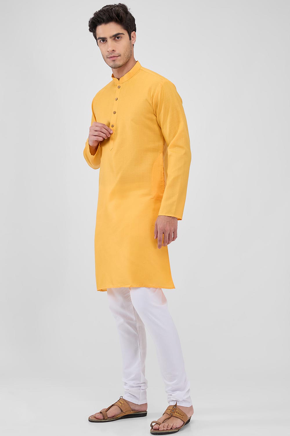 Orange Cotton Mandarin Collar Kurta Pajama Set