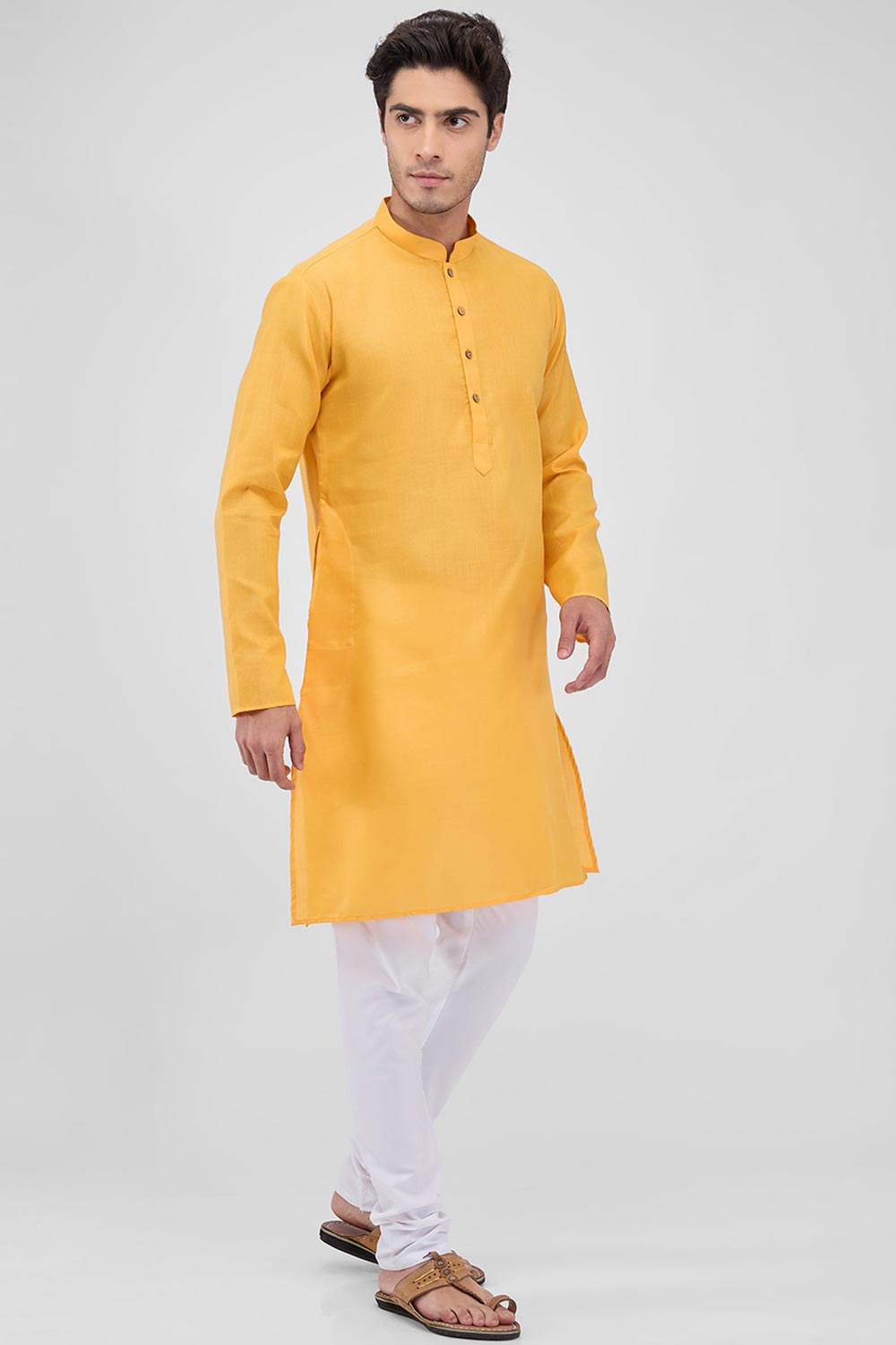 Orange Cotton Mandarin Collar Kurta Pajama Set