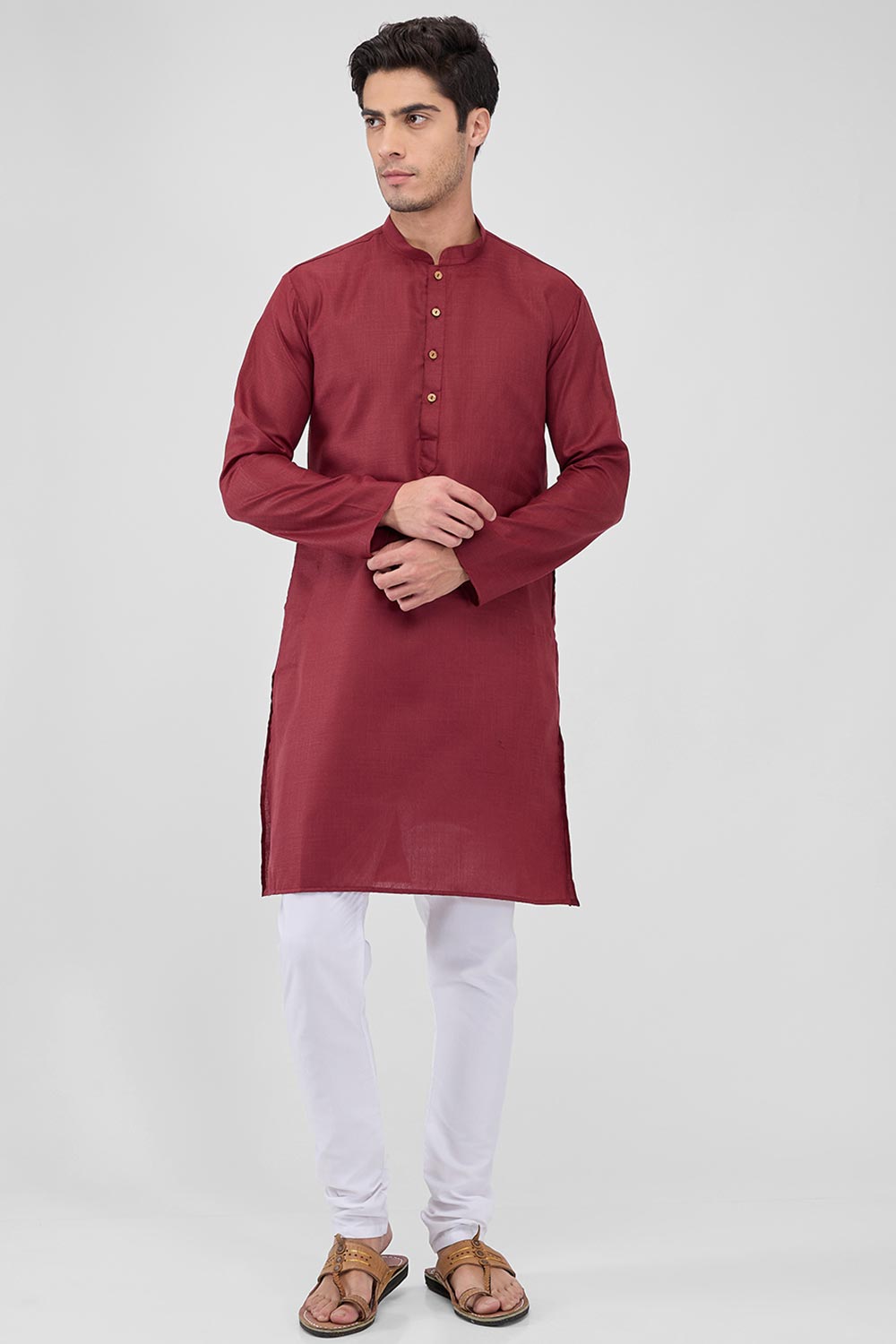 Maroon Cotton Mandarin Collar Kurta Pajama Set