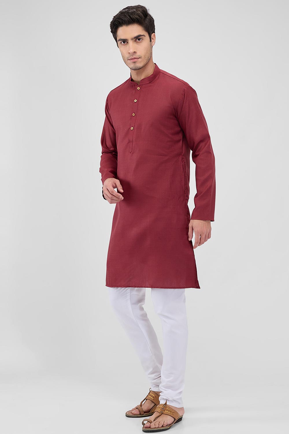 Maroon Cotton Mandarin Collar Kurta Pajama Set