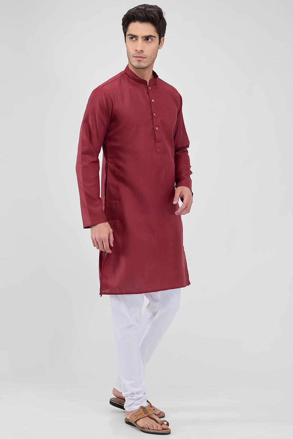 Maroon Cotton Mandarin Collar Kurta Pajama Set