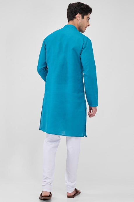 Blue Cotton Mandarin Collar Kurta Pajama Set