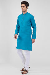 Blue Cotton Mandarin Collar Kurta Pajama Set