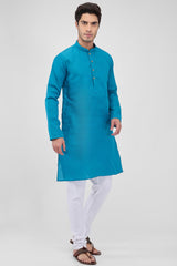 Blue Cotton Mandarin Collar Kurta Pajama Set