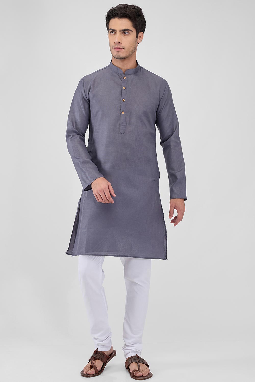 Grey Cotton Mandarin Collar Kurta Pajama Set