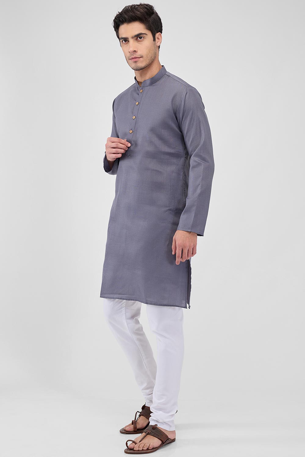 Grey Cotton Mandarin Collar Kurta Pajama Set