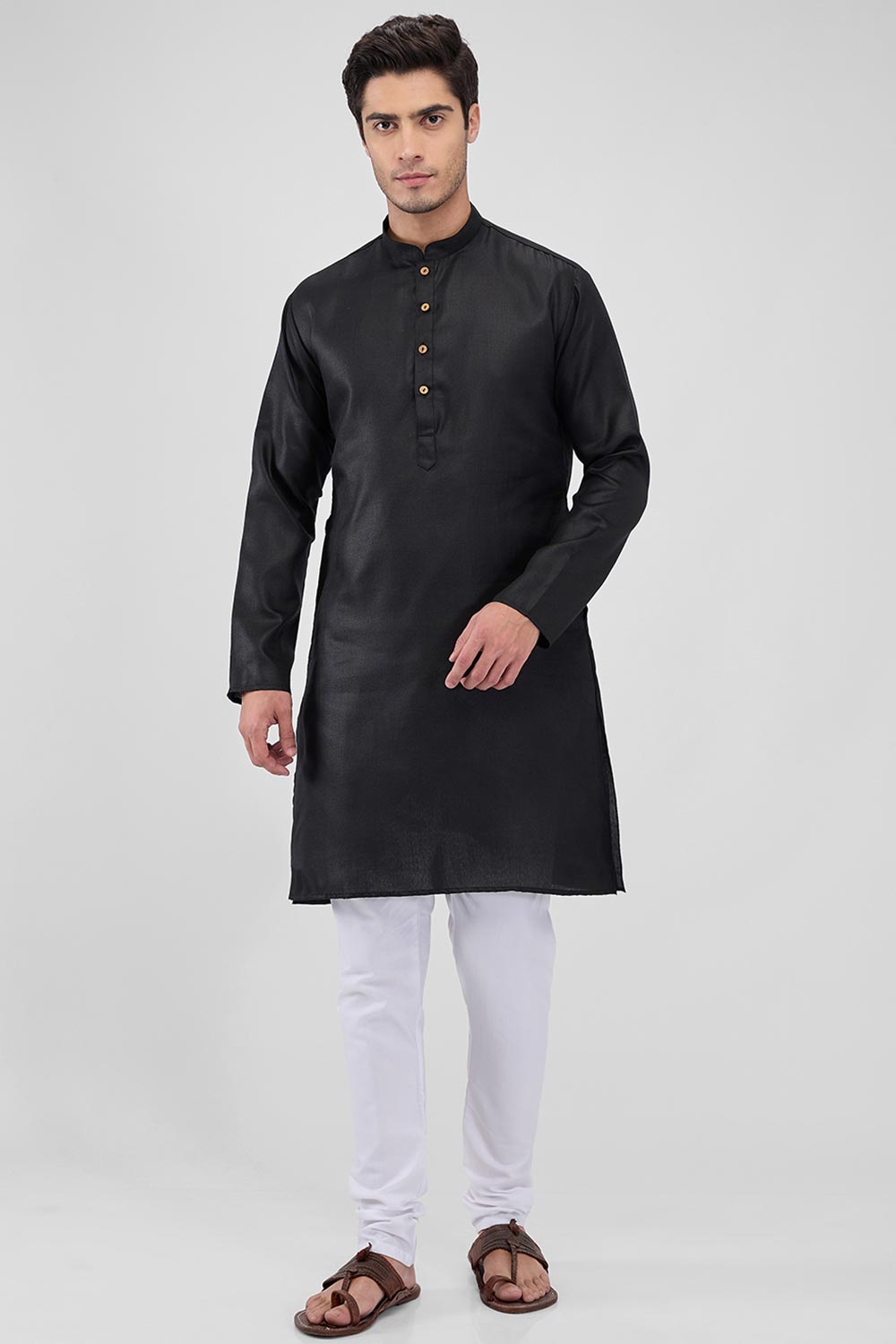 Black Cotton Mandarin Collar Kurta Pajama Set