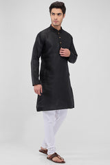 Black Cotton Mandarin Collar Kurta Pajama Set