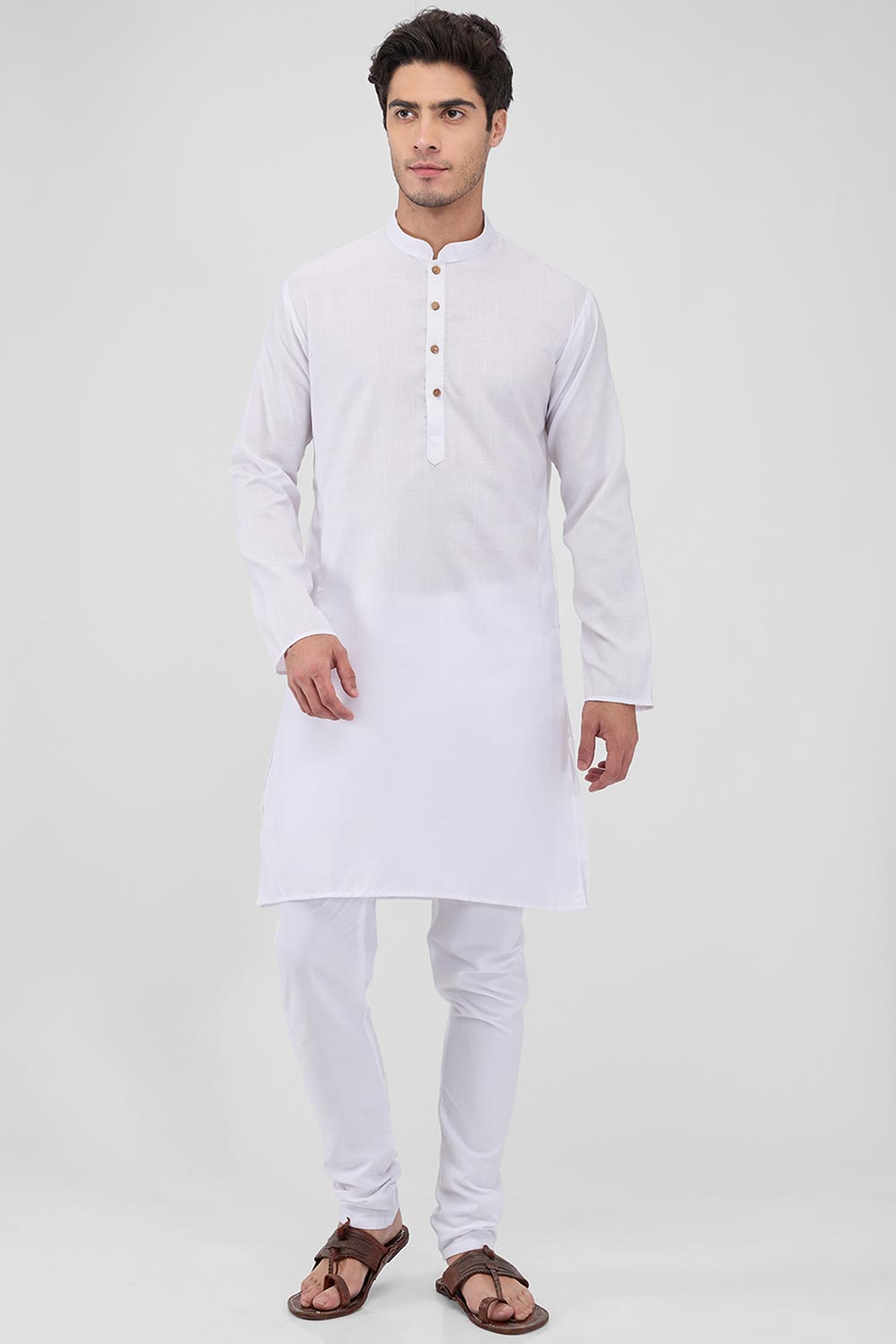 White Cotton Mandarin Collar Kurta Pajama Set