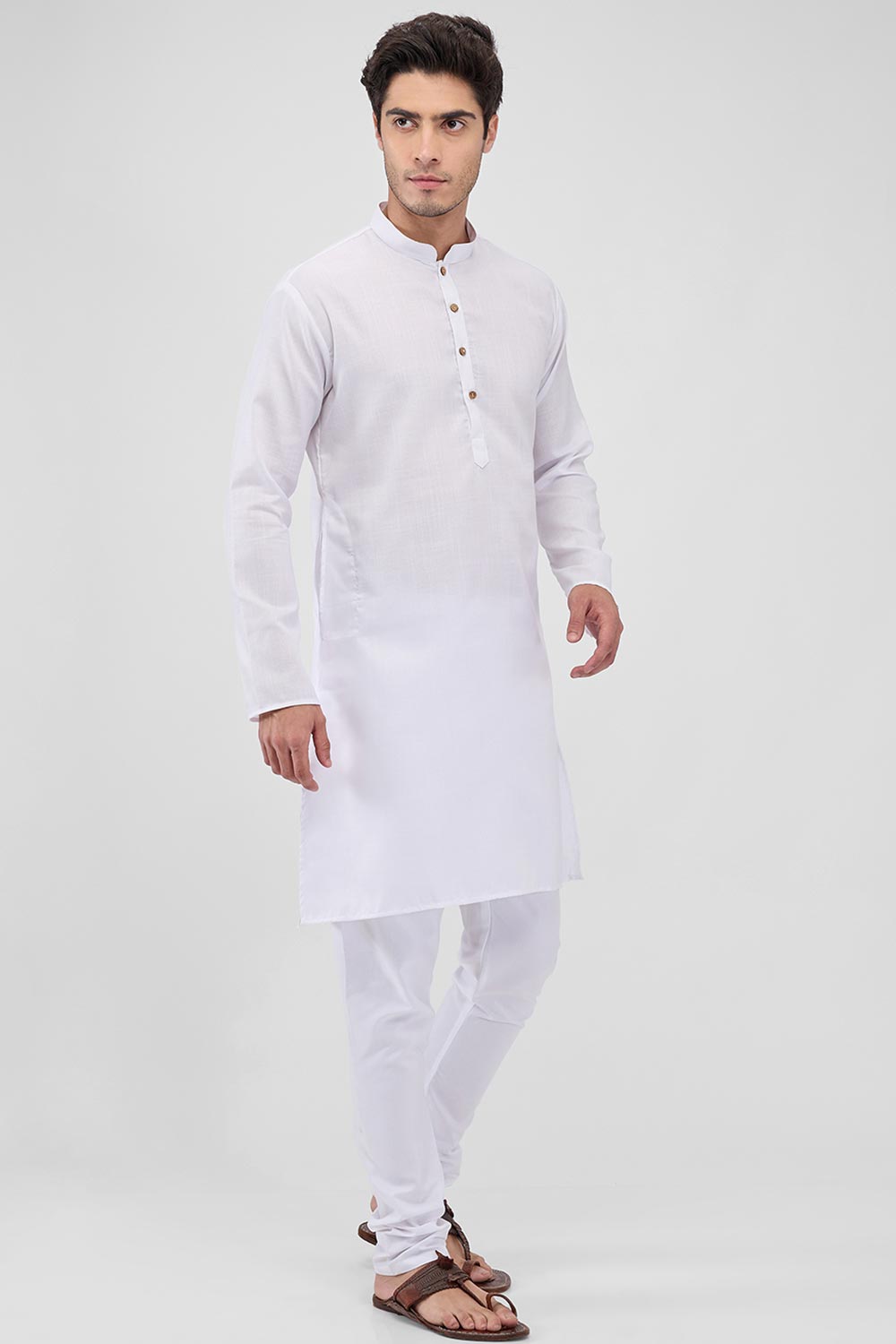 White Cotton Mandarin Collar Kurta Pajama Set