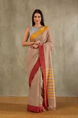 Beige Cotton Solid Saree