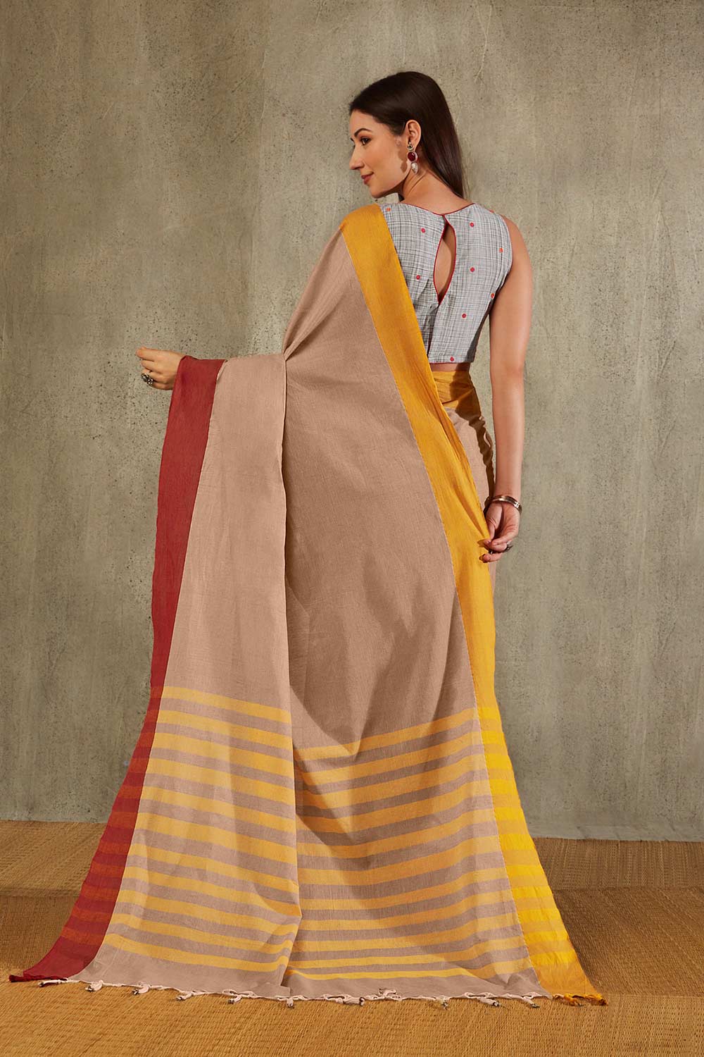 Beige Cotton Solid Saree