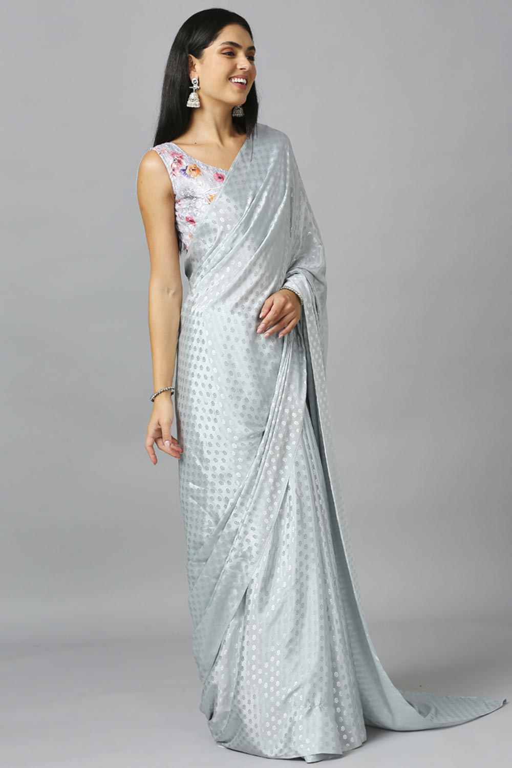 Grey Chiffon Resham Embroidery Party Wear Designer Saree